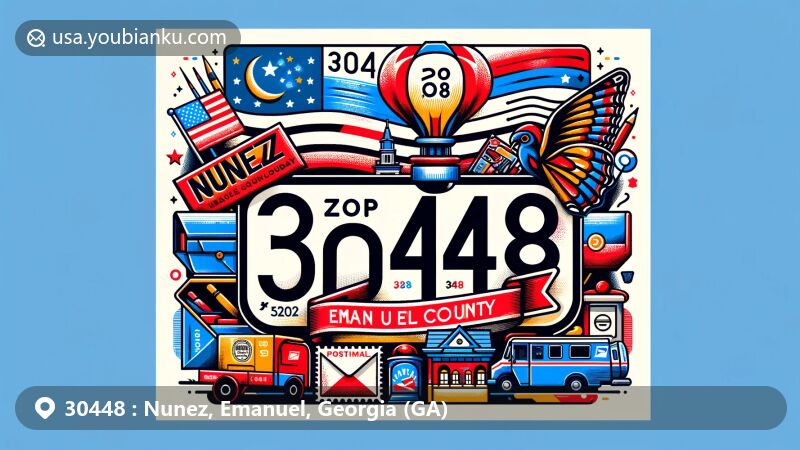 Modern illustration of Nunez, Emanuel County, Georgia, highlighting postal theme with ZIP code 30448, featuring Georgia state flag and iconic landmarks, creatively incorporating postal elements like a postage stamp and postmark.