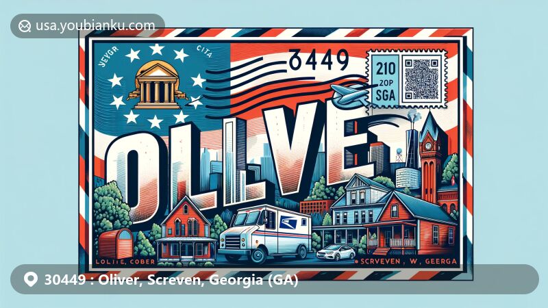 Modern illustration of Oliver, Screven, Georgia (GA), representing ZIP code 30449 with state flag, Screven County outline, and postal elements like stamp, postmark, mailbox, and vehicle.