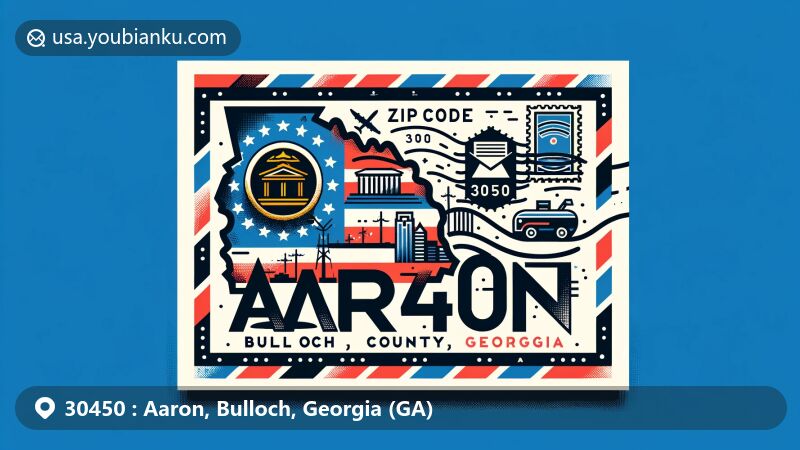 Creative illustration of Aaron, Bulloch, Georgia (GA), highlighting ZIP Code 30450, featuring state flag, county outline, iconic landmarks, and postal elements in a modern, eye-catching style.