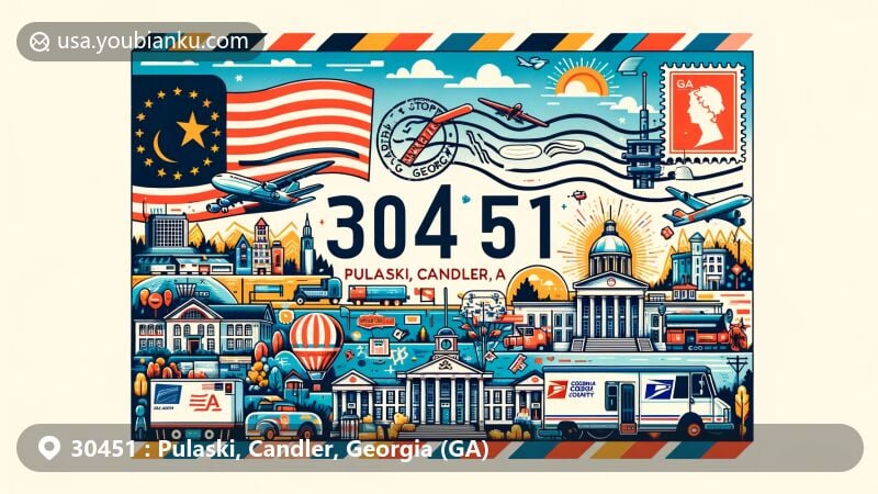 Modern illustration of Pulaski, Candler, Georgia, depicting postal theme with ZIP code 30451, featuring state flag, county outline, and local landmarks, in vibrant and creative style.