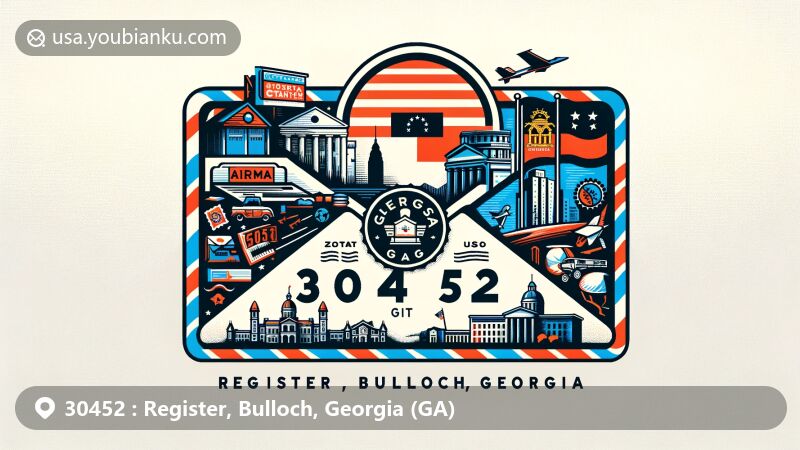 Modern illustration of Register, Bulloch, Georgia, with ZIP code 30452, featuring state flag, Bulloch County outline, and iconic Register landmarks.