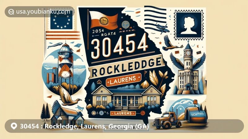 Modern illustration of Rockledge, Laurens, Georgia, representing ZIP code 30454, featuring detailed outline of Georgia state with Laurens County highlighted, iconic landmarks of Rockledge and Laurens, creative display of ZIP code 30454, vintage postal elements, and Georgia state flag.