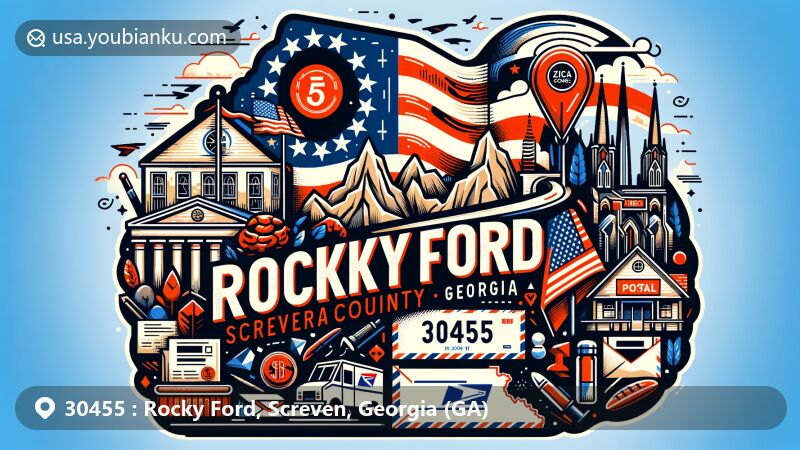 Modern illustration of Rocky Ford, Screven, Georgia, highlighting postal theme with ZIP code 30455, featuring Georgia state flag, Screven County outline, and local cultural icon.