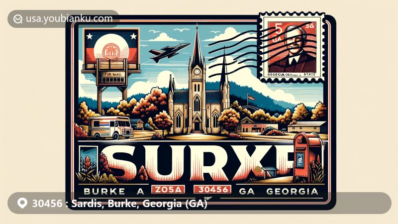 Vintage-style illustration of Sardis, Burke County, Georgia, with ZIP code 30456, featuring scenic depiction, Georgia state flag, Burke County map outline, air mail envelope design, Georgia state symbol stamp, 'Sardis, GA 30456' postmark, and old-fashioned postal elements.