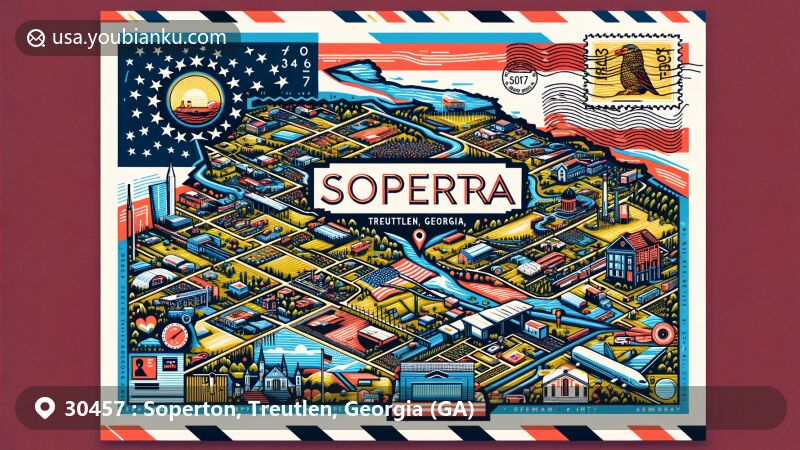 Modern illustration of Soperton, Treutlen County, Georgia, featuring iconic landmarks, the state flag, and traditional postal elements, with ZIP Code 30457.