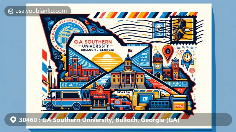 Modern illustration of Bulloch County, Georgia, representing ZIP code 30460 with a postal theme. Includes GA Southern University and iconic symbols like the Georgia state flag and local landmarks, all in a vibrant style.