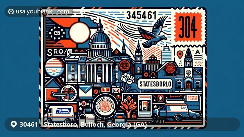 Modern illustration of Statesboro, Bulloch County, Georgia, showcasing postal theme with ZIP code 30461, featuring Georgia state flag, Bulloch County outline, and iconic landmarks of Statesboro.