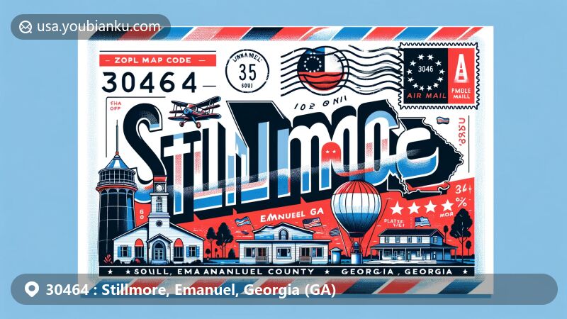 Modern illustration of Stillmore, Emanuel County, Georgia, designed as an air mail envelope with postal elements and Georgia state symbols, showcasing the unique charm of the town.