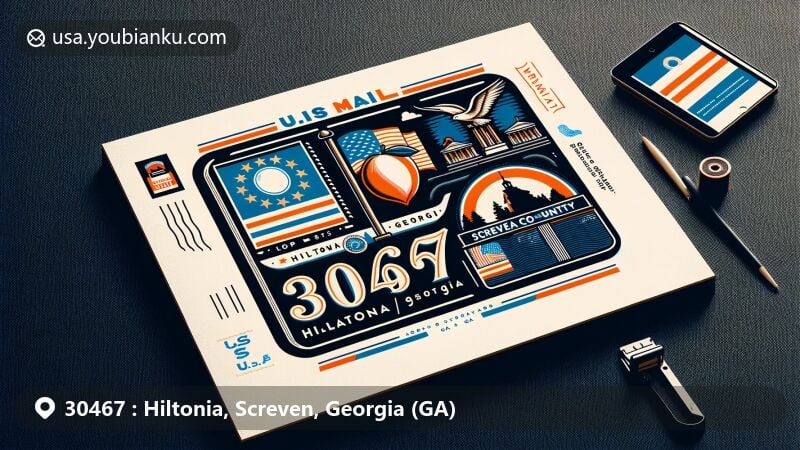 Modern illustration of Hiltonia, Screven, Georgia (GA), emphasizing ZIP code 30467, showcasing state flag, peach, and county silhouette, with vintage postal theme on the right.