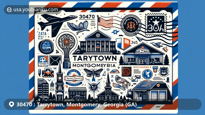 Modern illustration of Tarrytown, Montgomery County, Georgia, featuring postal theme with ZIP code 30470. Includes Georgia state flag, Montgomery County outline, local landmarks, and postal elements.