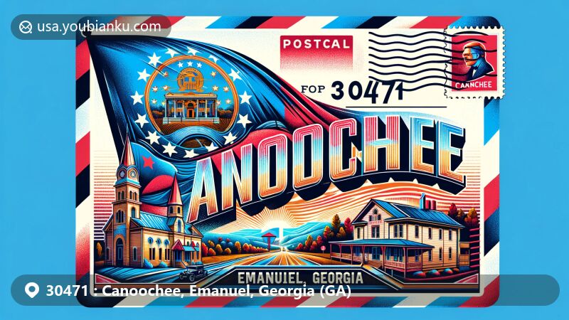 Modern illustration of Canoochee, Emanuel County, Georgia, designed as a postcard with state flag, map outline, and local landmark, incorporating postal elements and ZIP code 30471.