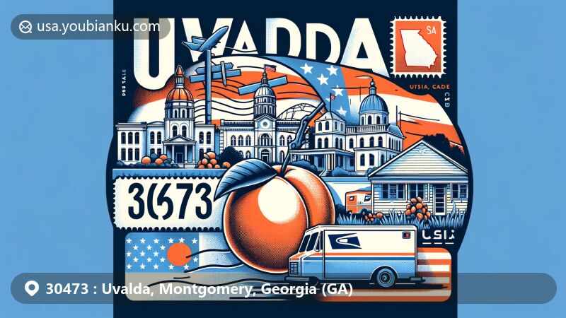 Modern illustration of Uvalda, Georgia, displaying postal theme with ZIP code 30473, featuring Georgia state flag, peaches, and potential landmarks, with postcard elements like stamps and postmark.