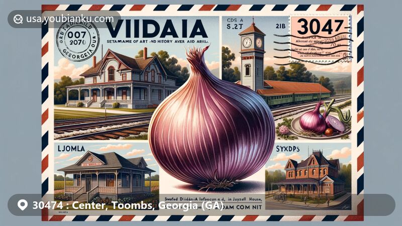 Modern illustration of Vidalia, Georgia, emphasizing ZIP Code 30474 and its 'Sweet Onion Capital of the World' status, featuring Altama Museum of Art and History, Seaboard Air Line Railway Depot, vintage postal stamp, postmark, mailbox, and postal truck.