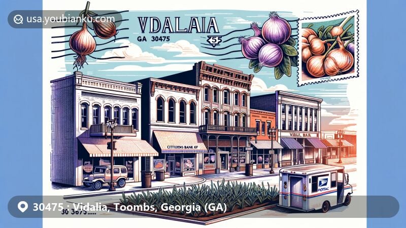Modern illustration of Vidalia, Georgia, highlighting area code 30475 with local and postal elements, including Vidalia Commercial Historic District buildings, Vidalia onions, and vintage postcard and postal stamp motifs.