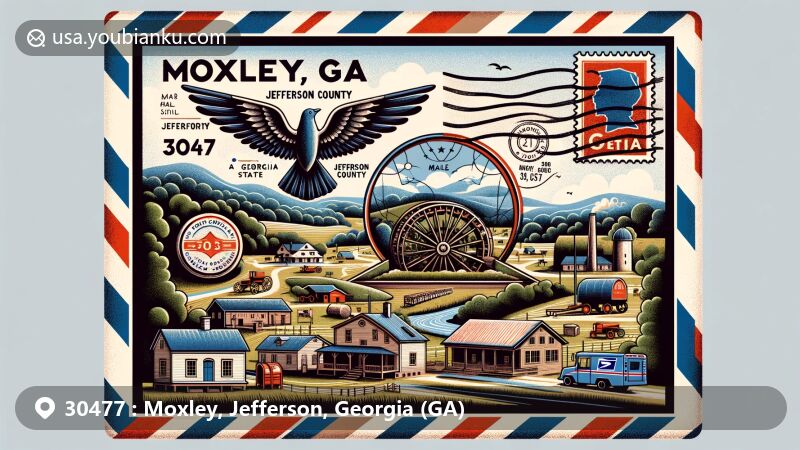 Modern illustration of Moxley, Jefferson County, Georgia, merging local features with American postal traditions, showcasing vintage air mail envelope, Georgia map, state flag, and historical symbols like gristmill, country store, postal stamp, truck, mailbox, suitable for ZIP code 30477.