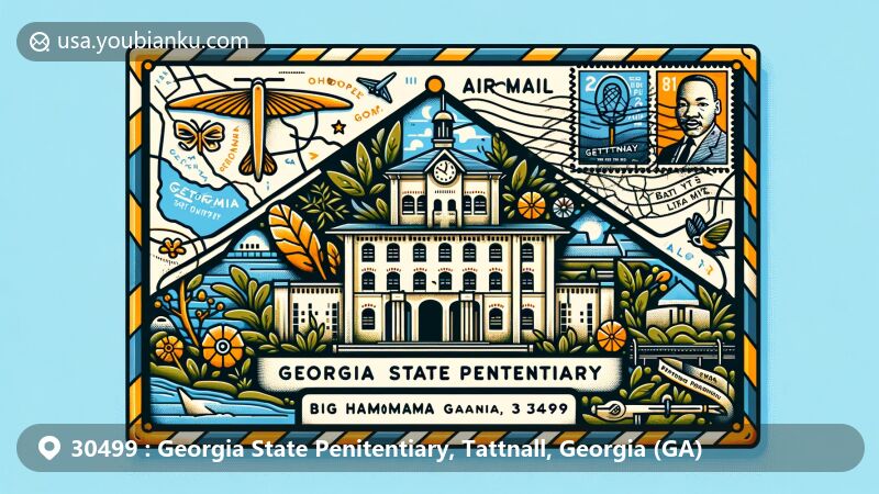 Creative illustration of the Georgia State Penitentiary in Tattnall County, Georgia, featuring airmail envelope design, county map outline, rivers, iconic prison symbols, local flora and fauna, vintage stamp, and Dr. Martin Luther King Jr.'s brief imprisonment.