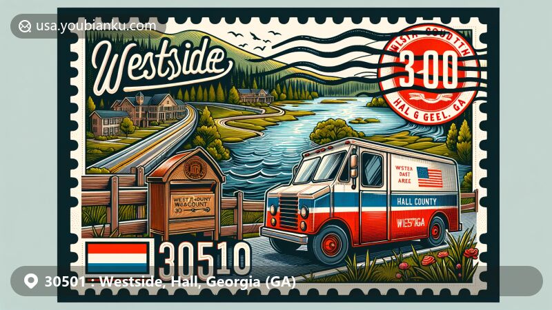 Modern illustration of Westside, Hall County, Georgia, featuring postal theme with ZIP code 30501, showcasing Georgia state flag, Hall County outline, natural landscapes, postcards, stamps, and postmarks.