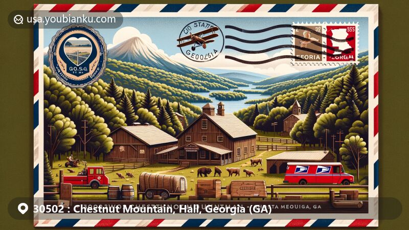 Modern illustration of Chestnut Mountain, Georgia, blending scenic beauty with postal theme, set in Chicopee Woods Nature Preserve, featuring vintage air mail envelope with postal elements against backdrop of lush forests and Georgia state flag.