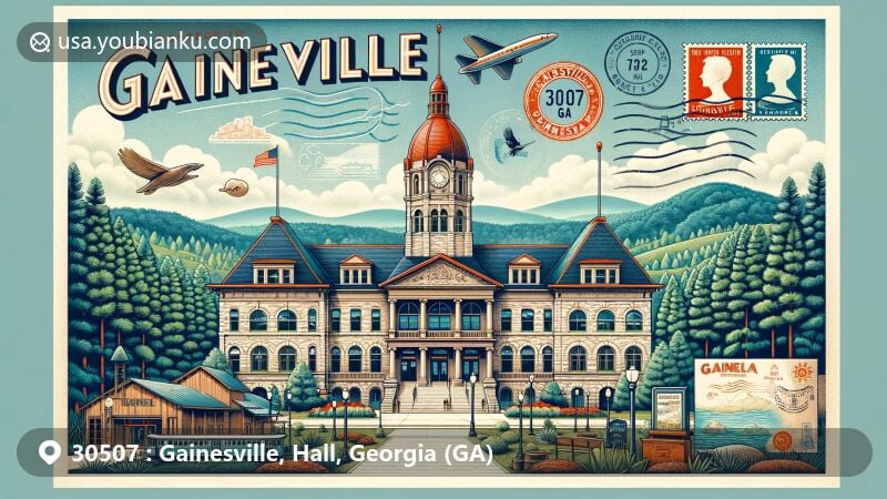 Modern illustration of Gainesville City Hall in ZIP code 30507, Hall County, Georgia, featuring iconic architecture, pine forests, and Blue Ridge Mountains.