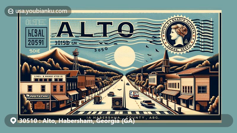 Modern illustration of Alto, Georgia, incorporating ZIP code 30510, showcasing town's geography in Habersham and Banks counties, emphasizing elevation and vintage postcard design with postal symbols.
