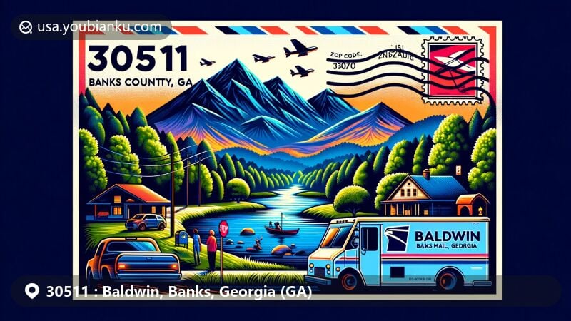 Modern illustration of Baldwin, Banks County, Georgia, showcasing postal theme with ZIP code 30511, featuring Blue Ridge Mountains and local parks for fishing and hiking.