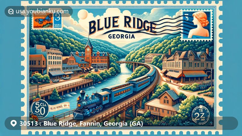 Modern illustration of Blue Ridge, Georgia, showcasing the Blue Ridge Scenic Railway, Toccoa River, and historic downtown area, with ZIP code 30513 and postal symbols, set in the backdrop of North Georgia mountains.