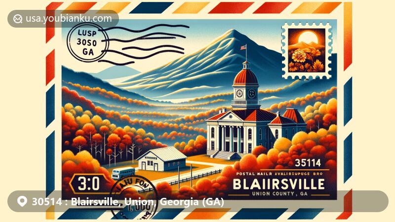 Modern illustration of Blairsville, Union County, Georgia, portraying postal theme with ZIP code 30514, featuring Brasstown Bald with vibrant autumn colors. Vintage air mail envelope displays Union County Courthouse stamp and postal elements.