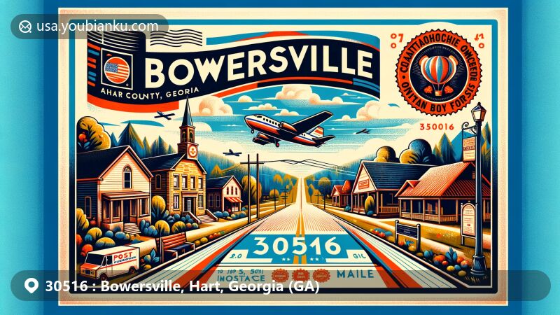 Modern illustration of Bowersville, Hart County, Georgia, featuring vibrant postcard design with ZIP code 30516, showcasing town hall, post office, and natural landscapes near Lake Hartwell.