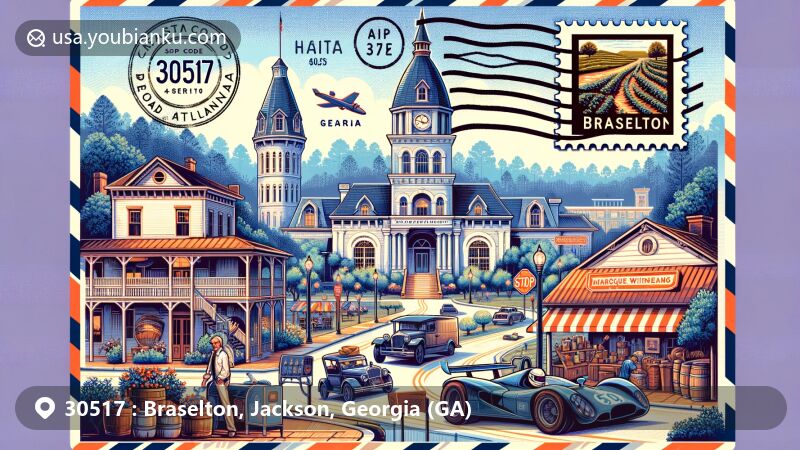 Modern illustration of Braselton, Georgia, featuring Historic Downtown, Chateau Elan Winery, Michelin Raceway, and antique shopping with a postal theme including ZIP code 30517.