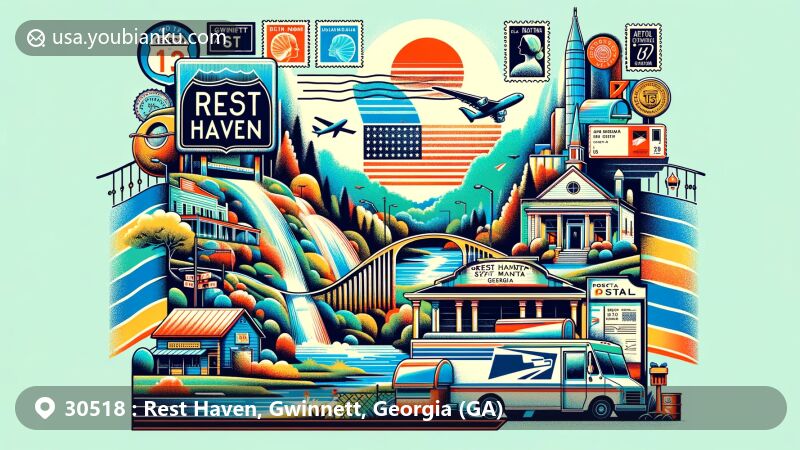 Modern illustration of Rest Haven, Georgia, Gwinnett and Hall counties, with postal themes. Featuring Georgia State Route 13, small town charm, nature, state flag, vintage postcard layout, air mail envelope, stamps, postmark, mailbox, postal van.