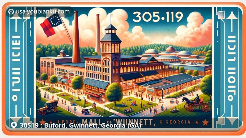 Contemporary illustration of Buford, Gwinnett County, Georgia, highlighting ZIP code 30519, featuring the Mall of Georgia, Tannery Row, Buford Dam Park, and state flag, with postal motifs and vibrant colors.