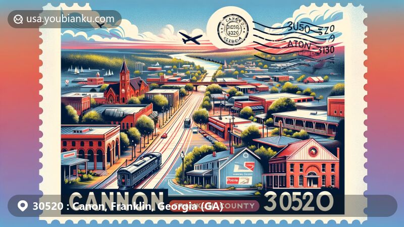 Modern illustration of Canon, Franklin County, Georgia, capturing the essence of small-town charm and historical importance, featuring Depot Street and postal elements with ZIP code 30520.