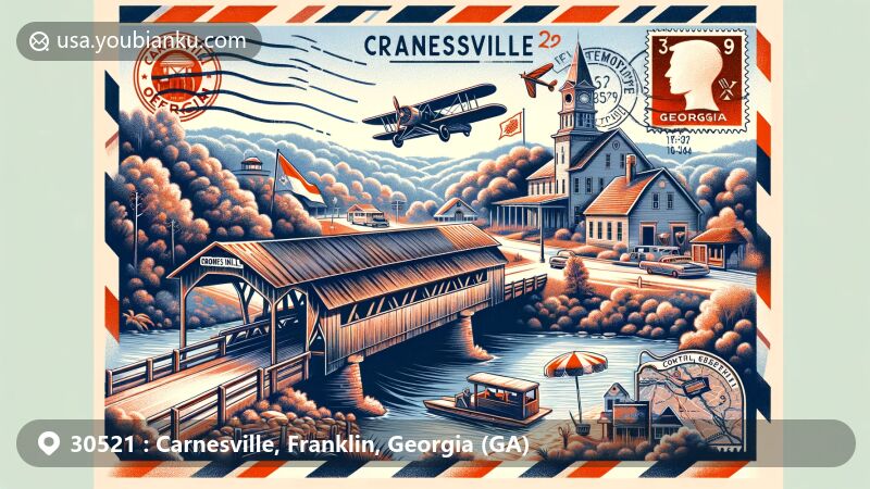 Modern illustration of Carnesville, Georgia, showcasing postal theme with ZIP code 30521, featuring the Cromer's Mill Covered Bridge and Rocky Ford Park, incorporating vintage postcard elements.