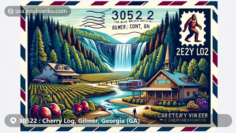 Colorful illustration of Cherry Log, Gilmer County, Georgia, with ZIP code 30522, featuring Blue Ridge mountains, Fall Branch Falls, Cartecay Vineyards, and Expedition Bigfoot: The Sasquatch Museum.