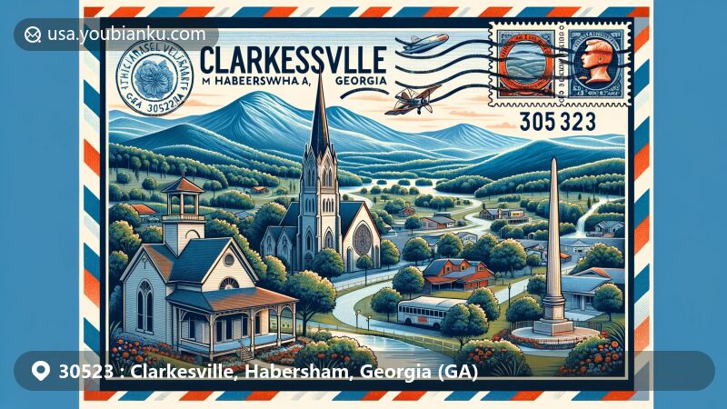 Modern illustration of Clarkesville, Habersham County, Georgia, featuring ZIP Code 30523, with Blue Ridge Mountains in the background, Grace-Calvary Episcopal Church, De Soto monument, and Old Clarkesville Mill in the foreground.