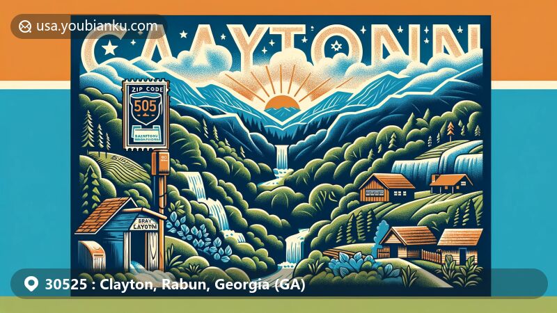 Modern illustration of Clayton, Rabun County, Georgia, portraying ZIP code 30525 against the Blue Ridge Mountains, emphasizing natural beauty and mountainous landscape with waterfalls and trails.