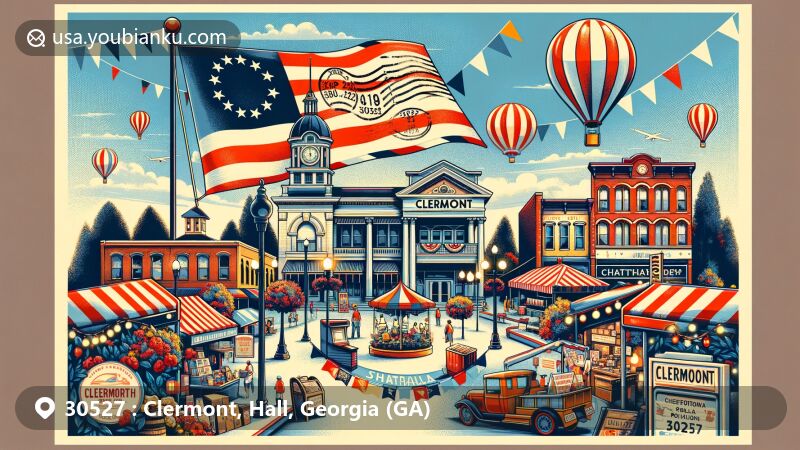 Modern illustration of Clermont, Georgia, featuring postal theme with ZIP code 30527, showcasing vintage postcard layout and Georgia state flag.