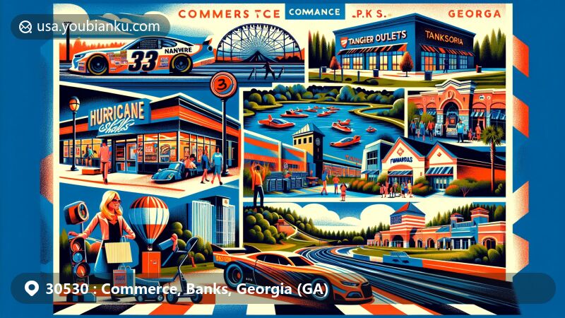 Modern illustration of Commerce, Banks, Georgia, showcasing ZIP code 30530, featuring Atlanta Dragway, Tanger Outlets, Hurricane Shoals Park, Funopolis Family Fun Center, and unique postal elements.