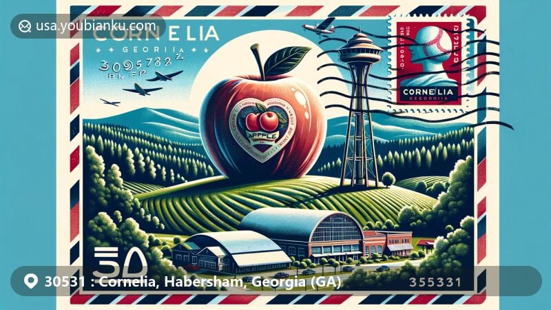 Modern illustration of Cornelia, Georgia, featuring a postal theme with ZIP code 30531 and emphasizing the world's largest apple sculpture, set against the backdrop of lush forests and rolling hills.