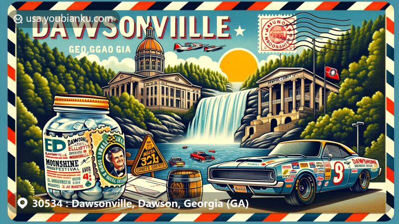 Modern illustration of Dawsonville, Georgia, with postal theme background, highlighting city's auto racing and moonshine culture, featuring NASCAR legends Bill Elliott and Chase Elliott, Mountain Moonshine Festival, Amicalola Falls, and Dawson County Courthouse.