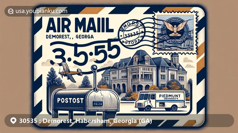 Modern illustration of Demorest, GA, highlighting postal theme with ZIP code 30535, featuring Piedmont University, mailbox, and mail truck, with Demorest Springs Park and Old Demorest Train Depot in the background.