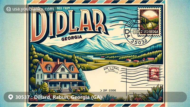Modern illustration of Dillard, Georgia, displaying a postcard with vintage postal elements, Georgia state flag, and scenic Blue Ridge Mountains backdrop.