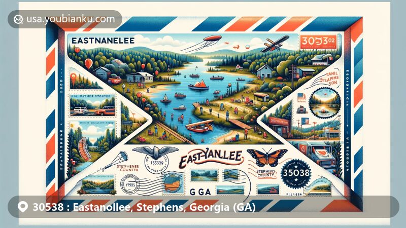 Modern illustration of Eastanollee, Stephens County, Georgia, showcasing postal theme with ZIP code 30538, featuring natural landscapes, hiking trails, fishing spots, camping areas, holiday parades, park concerts, stamps, and postmarks.