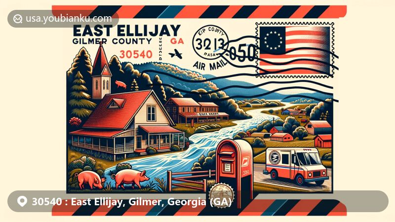 Modern illustration of East Ellijay, Gilmer County, Georgia, showcasing postal theme with ZIP code 30540, featuring Pig Hill of Fame, Cartecay River, Appalachian landscapes, and Georgia state flag elements.