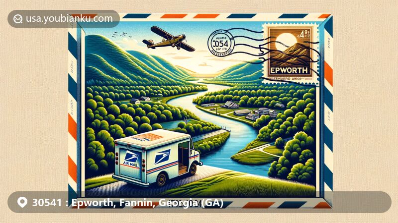 Modern illustration of Epworth, Fannin County, Georgia, blending natural beauty of Ocmulgee River Trail with postal elements, featuring air mail envelope with Georgia state flag stamp and '30541 Epworth, GA' postmark.