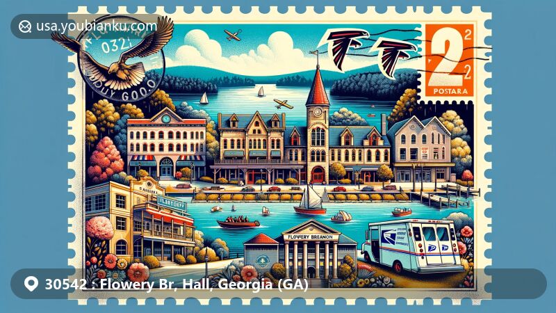 Modern illustration of Flowery Branch, Georgia, balancing historic charm with a postal theme, showcasing Lake Lanier's scenic beauty and 19th-century architecture.