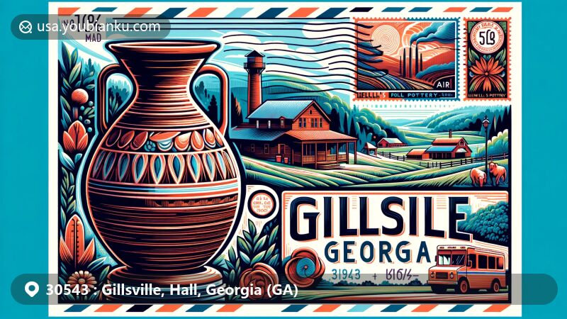Modern illustration of Gillsville, Hall County, Georgia, showcasing ZIP code 30543, featuring Hewell's Pottery and folk pottery heritage, with clay pots and rural landscape elements.