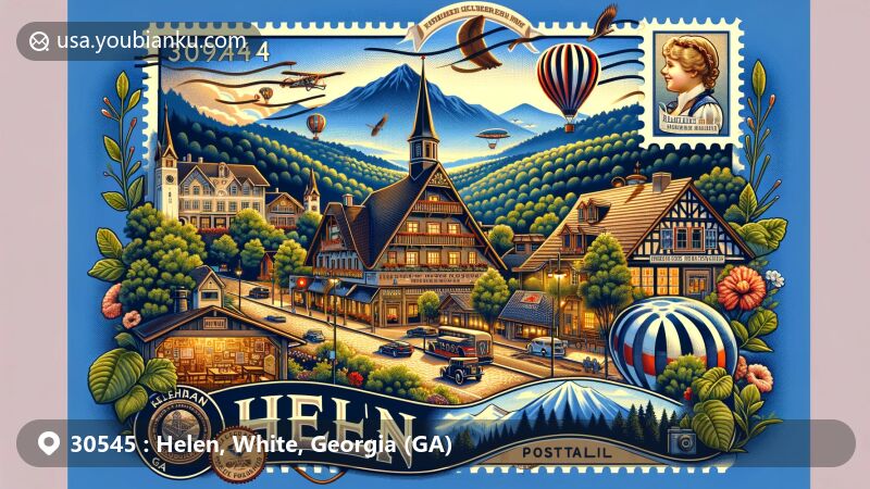 Modern illustration of Helen, Georgia, highlighting its Alpine village theme, Bavarian-style architecture, and natural beauty, featuring downtown cobblestone streets, Bavarian-designed buildings, and local attractions like Hardman Farm State Historic Site and Nacoochee Mound.