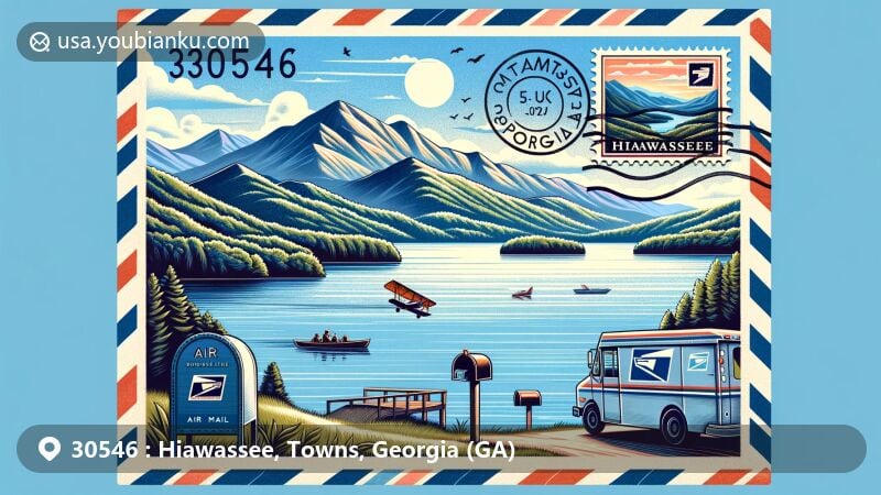 Modern illustration of Lake Chatuge in Hiawassee, Georgia, featuring Blue Ridge Mountains and Bell Mountain in the background, with postcard theme and '30546' postmark.
