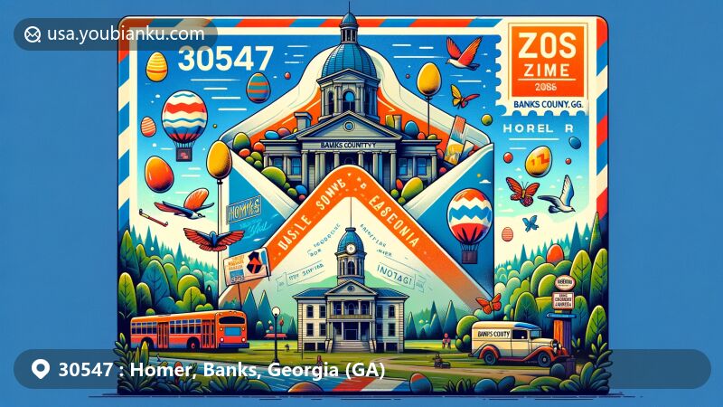 Creative depiction of Homer, Banks County, Georgia, highlighting ZIP code 30547, featuring iconic landmarks like the Banks County Courthouse and Easter egg hunt tradition.
